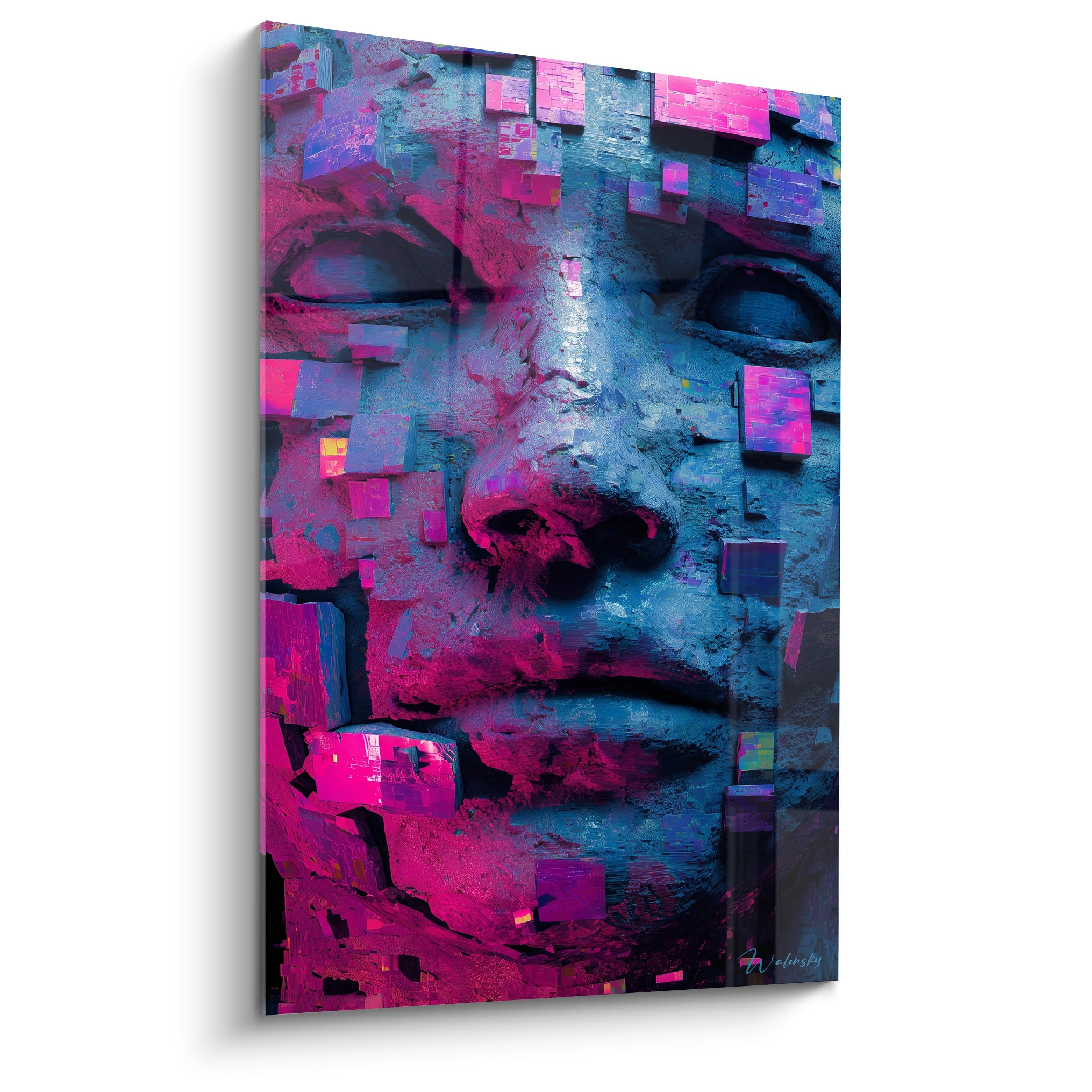 Visage antique fragmenté en pixels rose fuchsia et bleu électrique, texture de pierre érodée