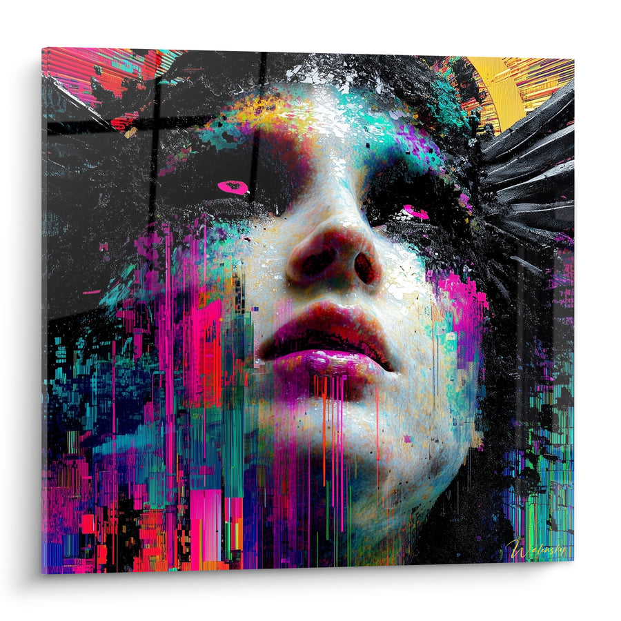 Artwork Inverted Face with Turquoise and Magenta Tears - Closed Eyes, Slightly Open Lips - Cyberpunk Edition