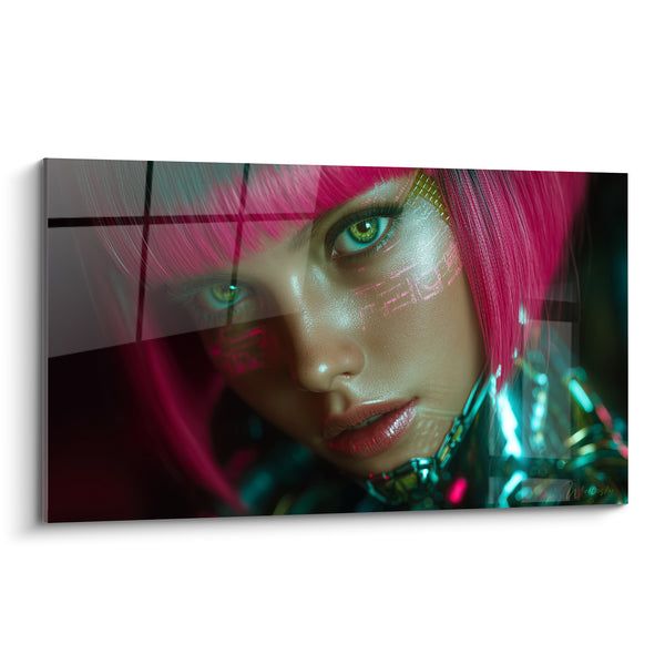 Cuadro Rostro con cabello rosa y reflejos turquesa - Mirada aumentada - Edición Cyberpunk