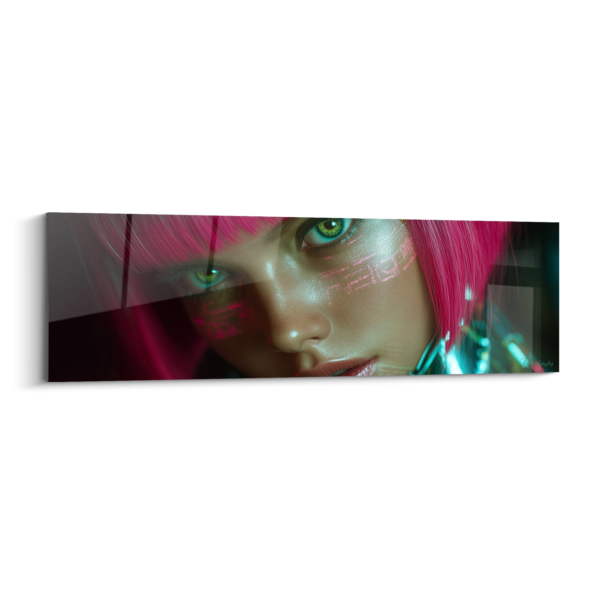 Visage féminin aux yeux vert émeraude et cheveux rose magenta, symboles holographiques turquoise sur la peau