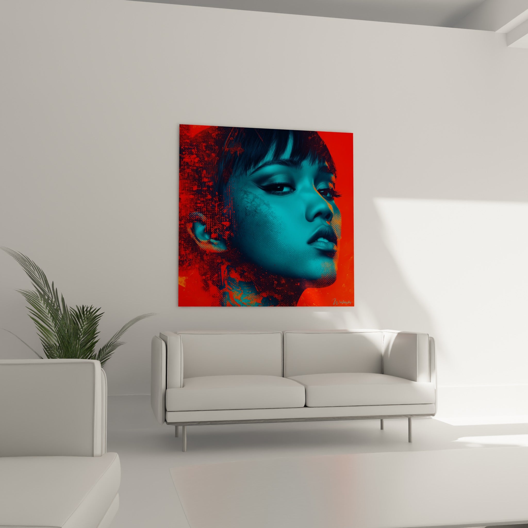 Œuvre Cyberpunk au visage bleu et rouge saturé au-dessus d'un canapé dans un salon lumineux
