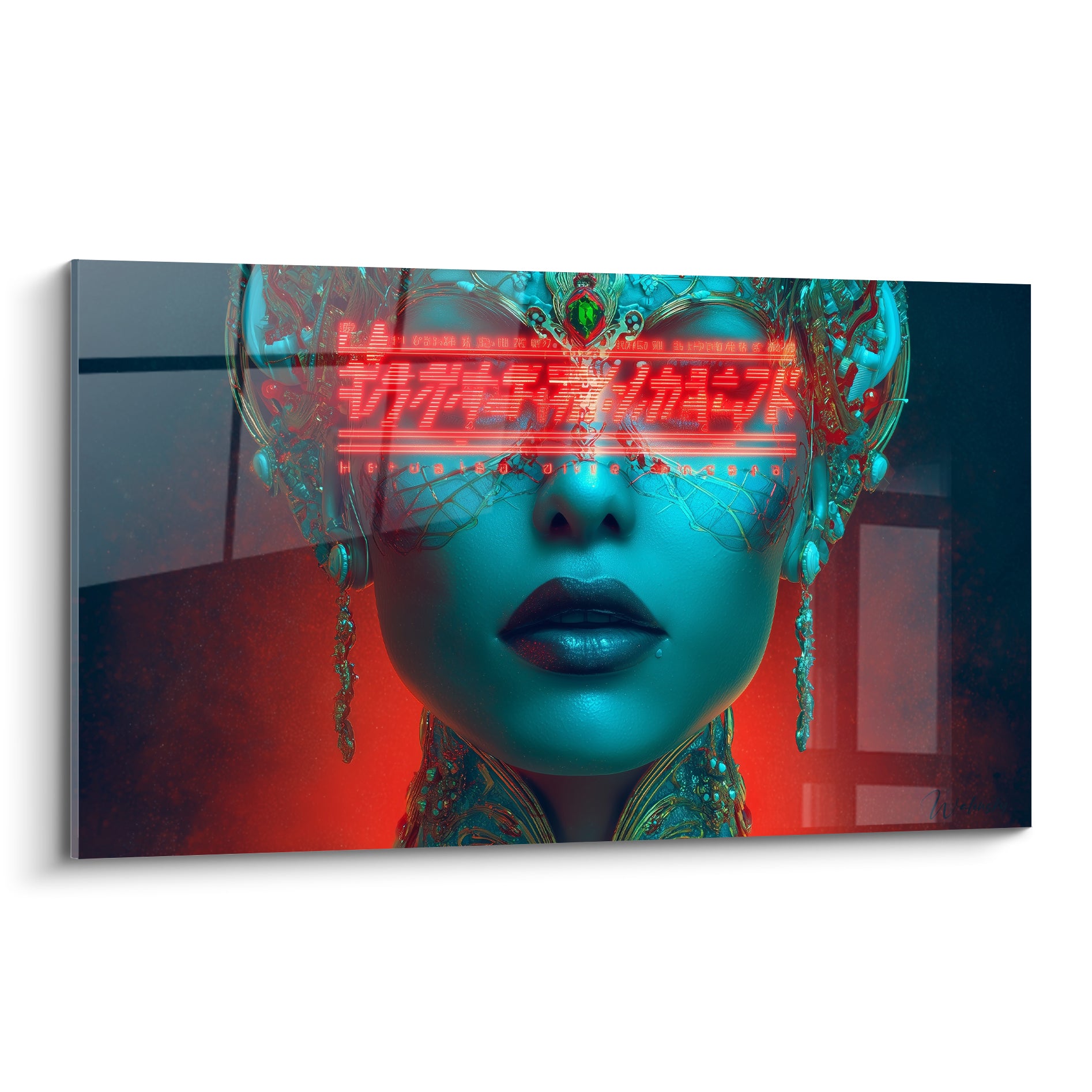 Visage Cyberpunk bleu turquoise masqué d'un bandeau rouge néon, coiffe ornementale dorée détaillée