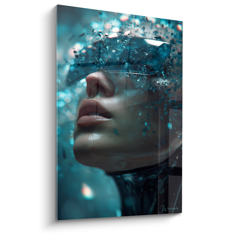 Tableau Visage bleu turquoise aux éclats numériques - Fragmentation numérique - Edition Cyberpunk