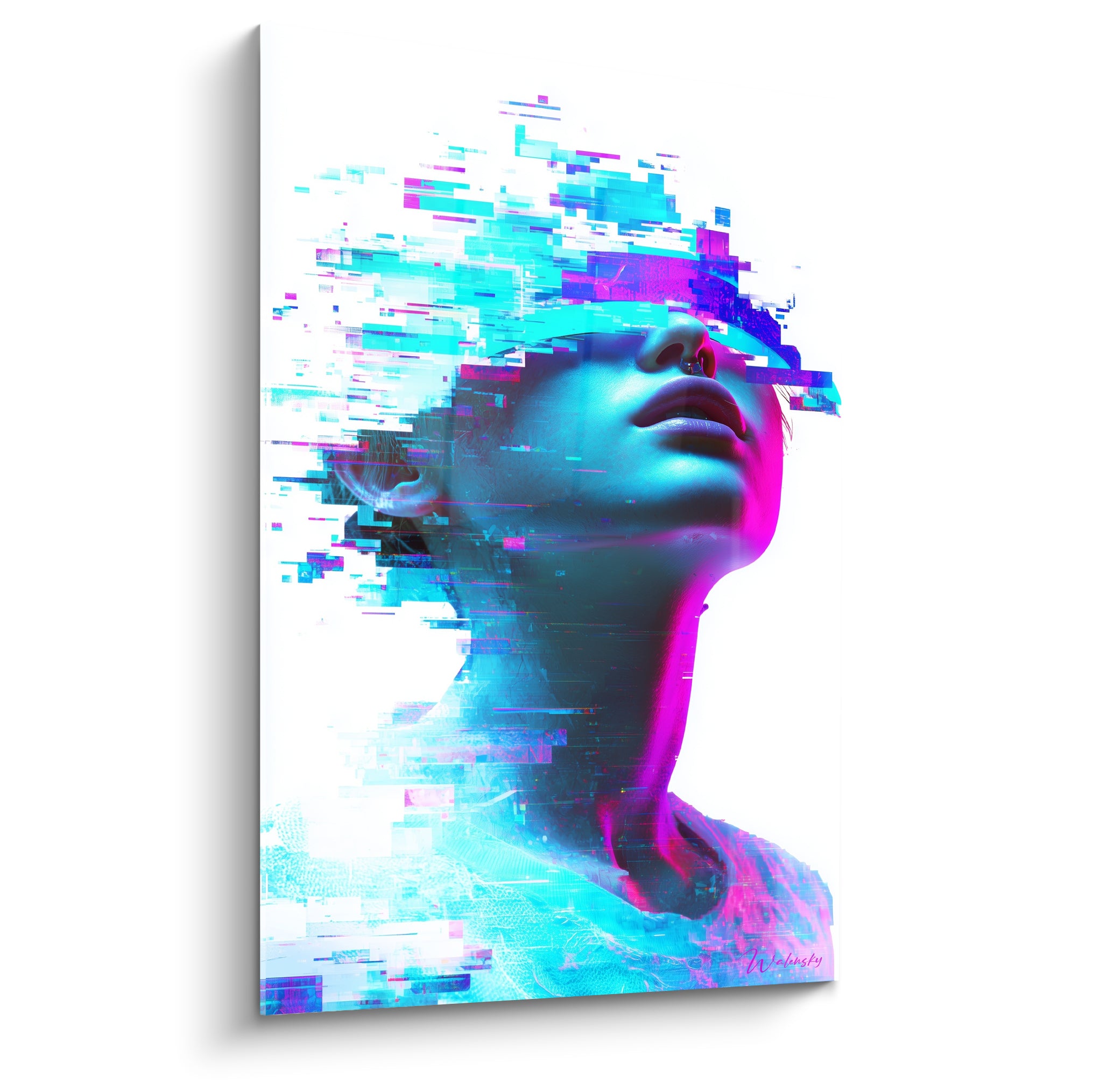 Visage Cyberpunk turquoise et magenta se fragmentant en pixels lumineux sur fond blanc