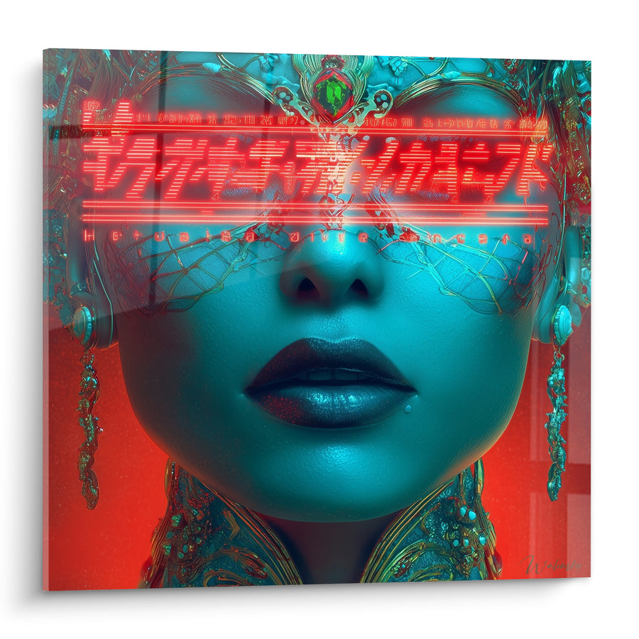 Blue and Red Face Painting with Luminous Glyphs - Digital Alert - Cyberpunk Edition