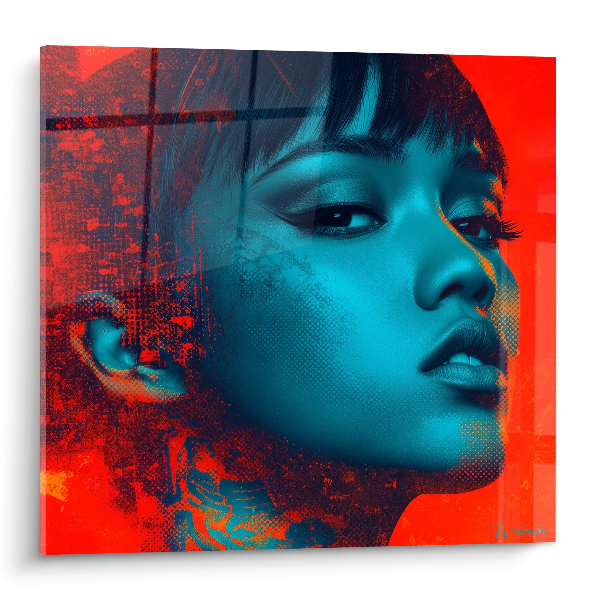 Visage numérique bleu turquoise et rouge, style Cyberpunk, regard détourné et lignes fracturées