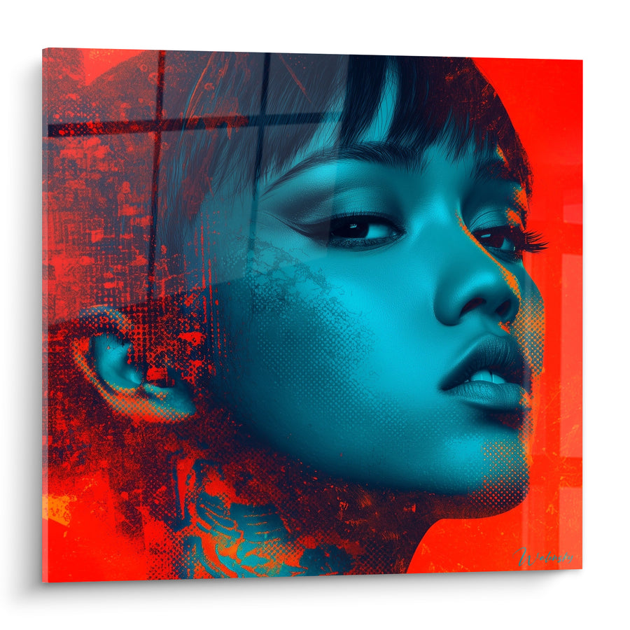 Portrait Painting of a Woman in Red and Turquoise Blue - Electric Presence - Cyberpunk Edition