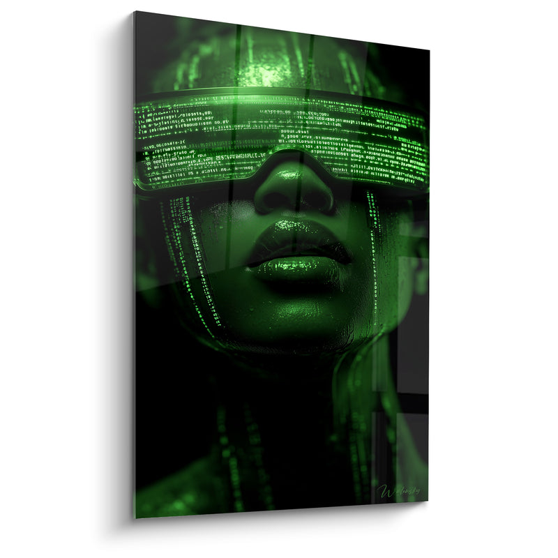 Tableau Visage vert et noir aux lèvres luisantes - Cascades de code binaire - Edition Cyberpunk