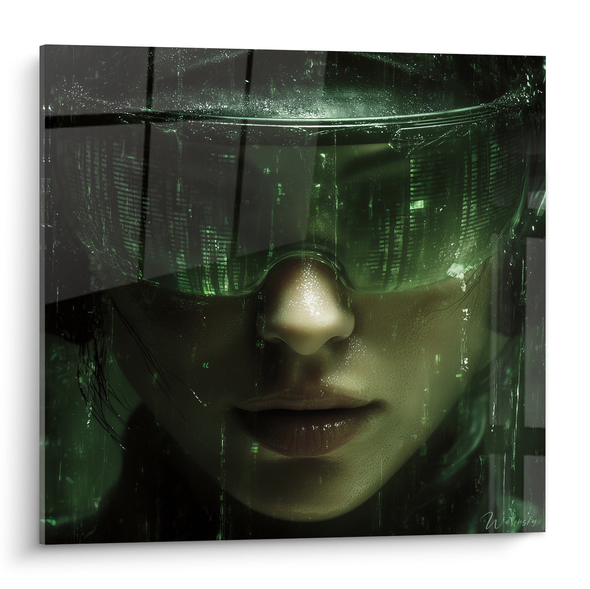 Visage Cyberpunk voilé de code vert émeraude et fauve, visière lumineuse et texture numérique