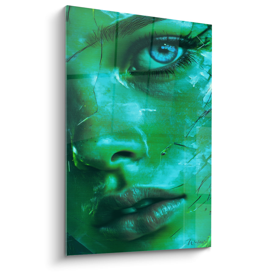 Tableau Visage vert et turquoise à l'œil fissuré - Lèvres entrouvertes striées - Edition Cyberpunk