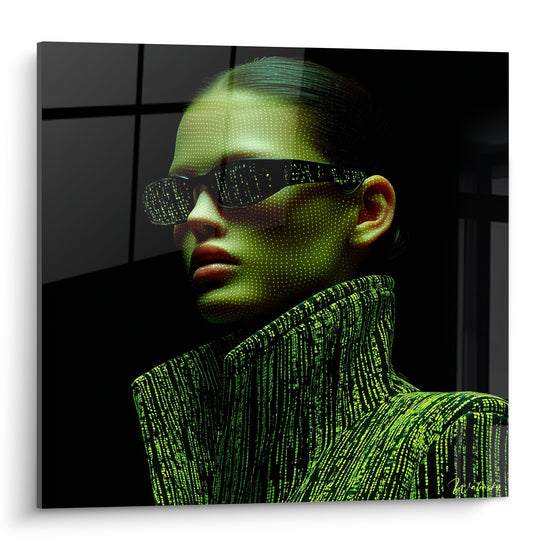 Visage vert fluo aux lunettes matricielles noires, tableau Cyberpunk sur fond noir profond intense