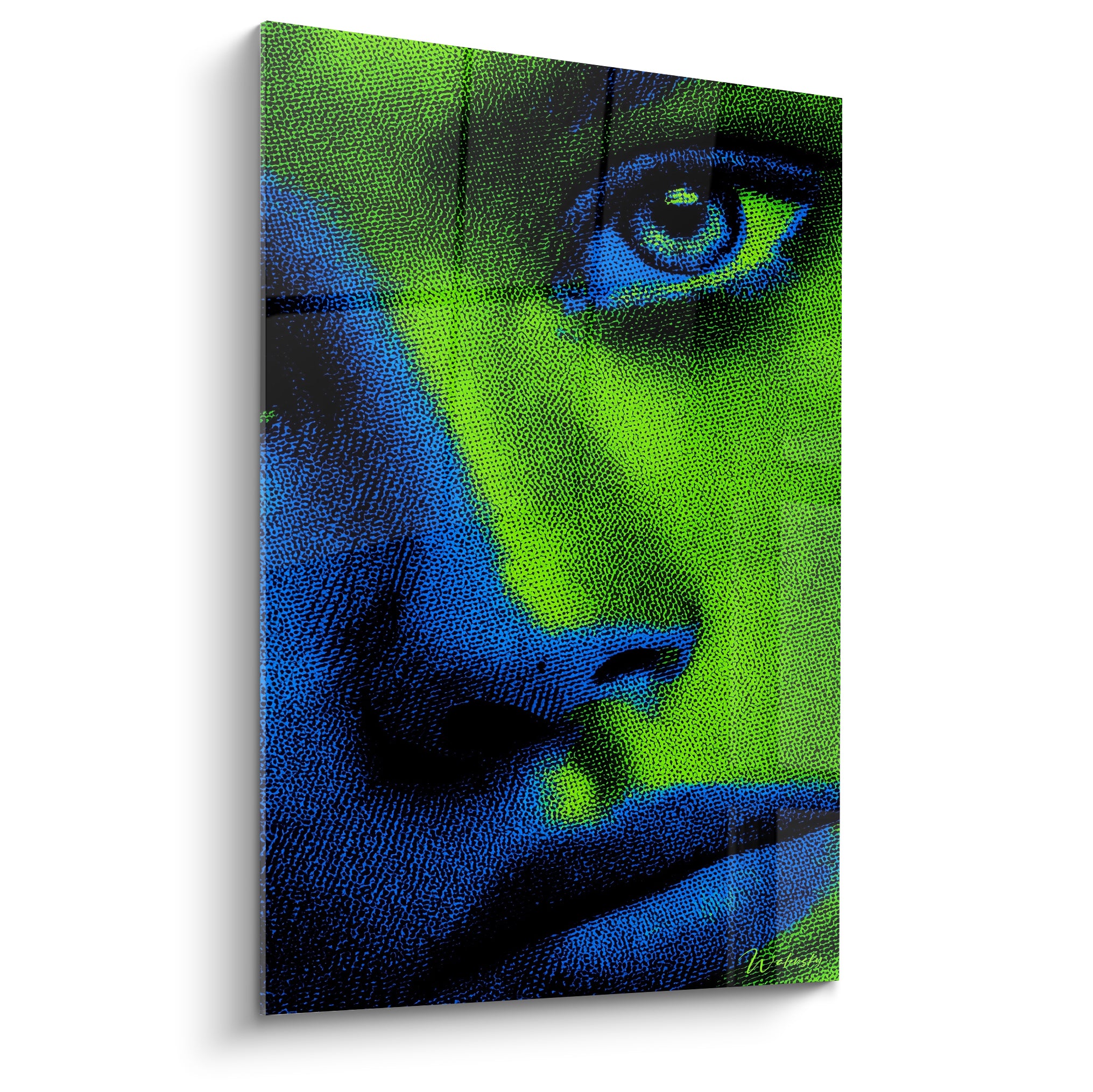 Visage cyberpunk vert fluo et bleu marine, œil perçant en trame numérique dense