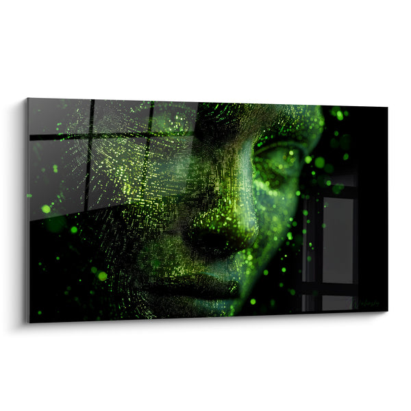 Cuadro Rostro Digital Verde y Negro Pixelado - Conciencia Digital - Edición Cyberpunk