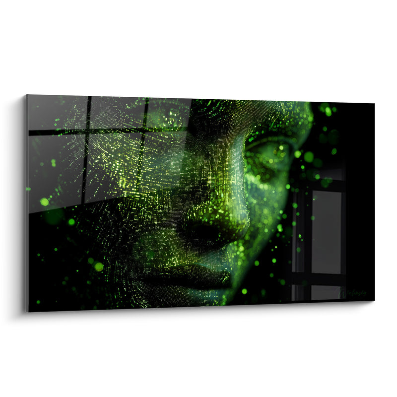 Tableau Visage numérique vert et noir pixellisé - Conscience numérique - Edition Cyberpunk