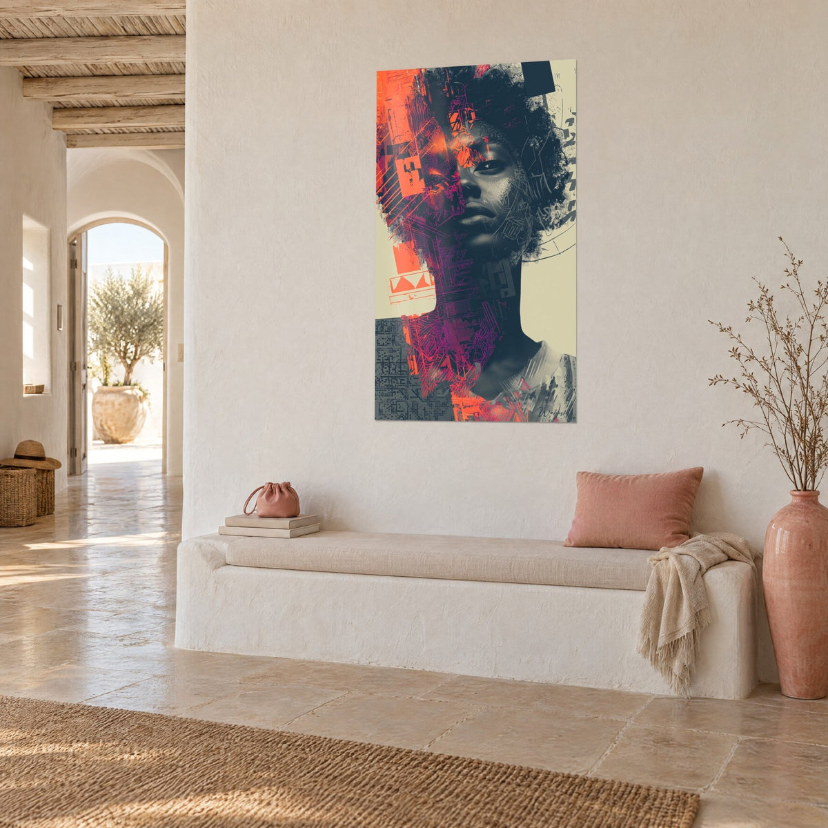 Tableau visage de femme fragmenté par des circuits magenta et orange, cheveux bouclés sombres, mur blanc, banquette chaulée et méditerranéenne