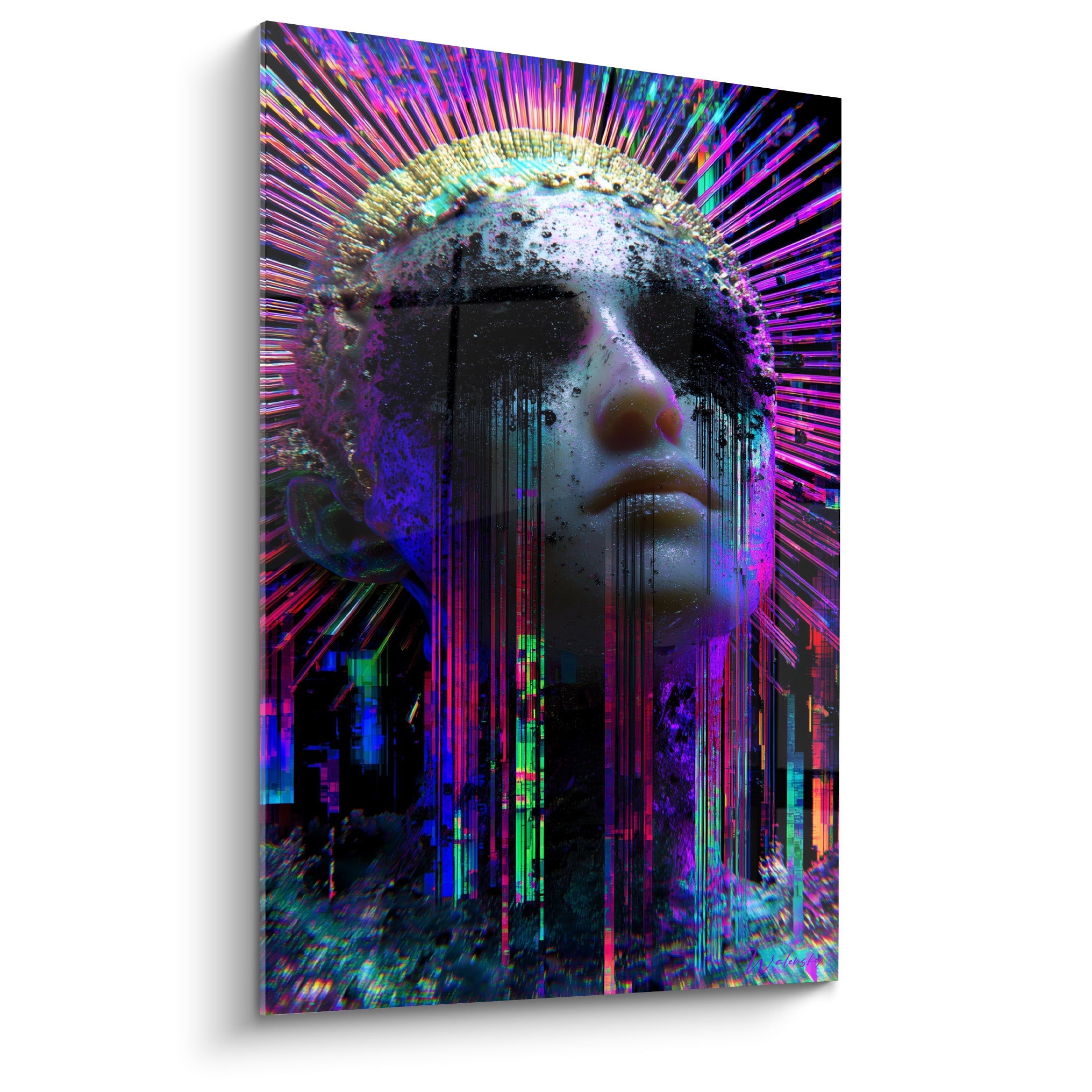 Visage sculptural blanc traversé de rayons violets et roses, style Cyberpunk numérique