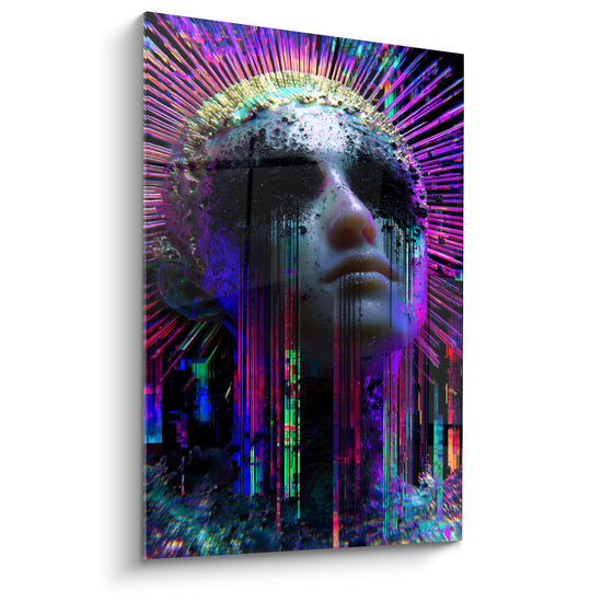 Visage sculptural blanc traversé de rayons violets et roses, style Cyberpunk numérique