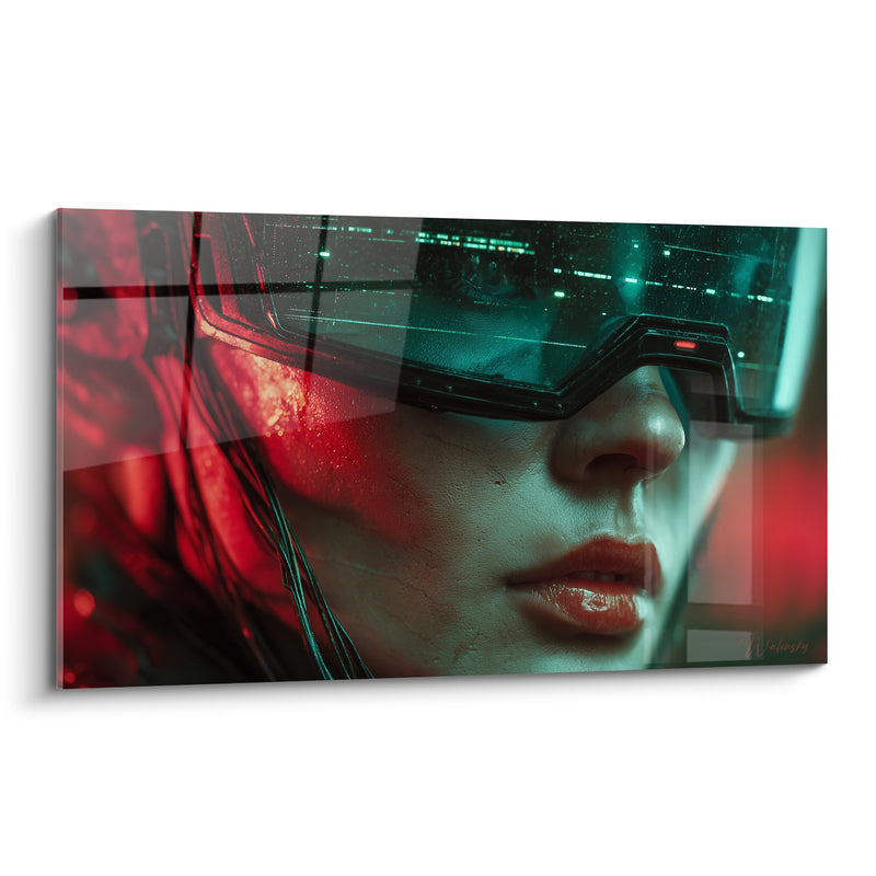 Tableau Visage rouge et turquoise au visor de données - Lèvres entrouvertes brillantes - Edition Cyberpunk