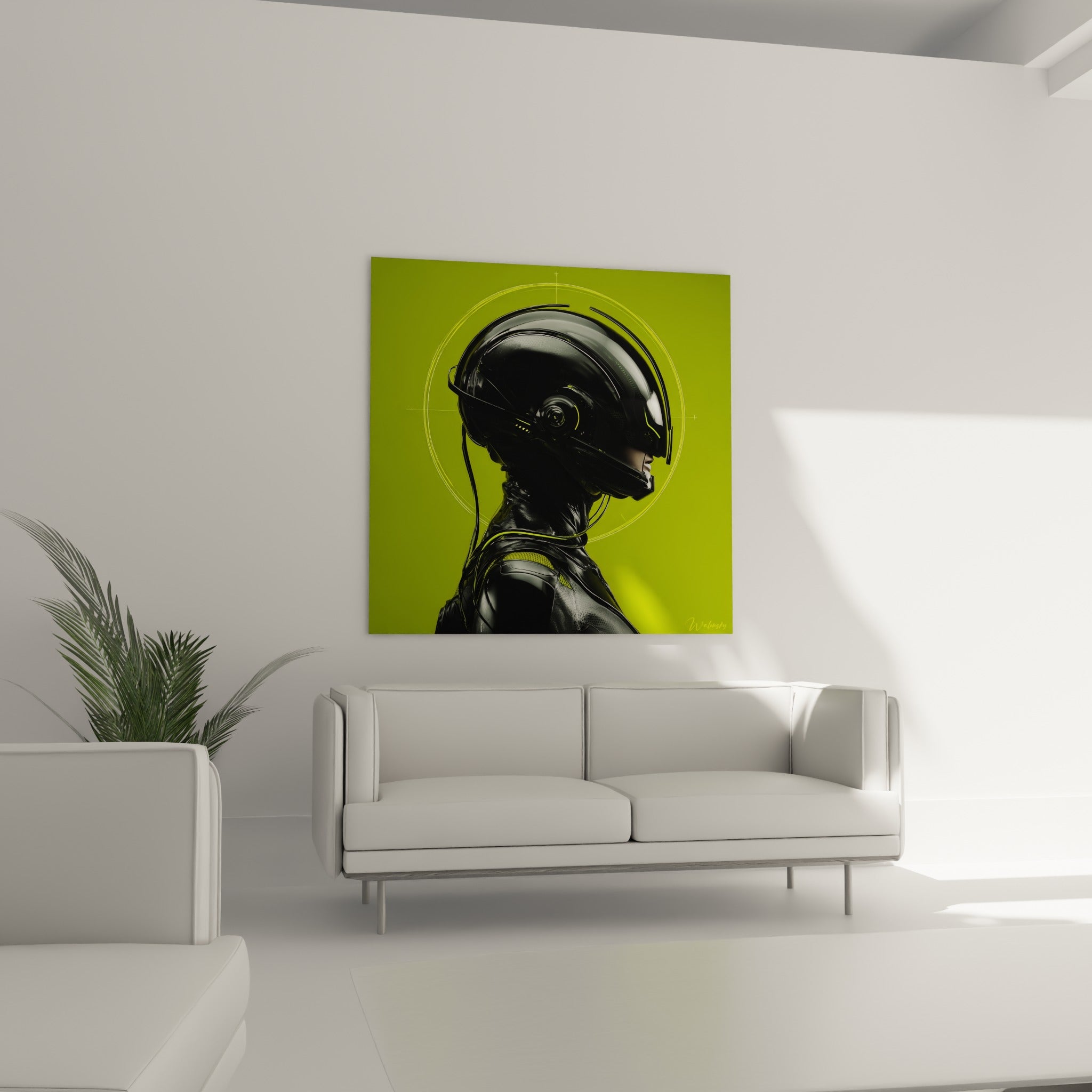 Portrait Cyberpunk vert fluo et noir mat, au-dessus d'un canapé dans un salon lumineux