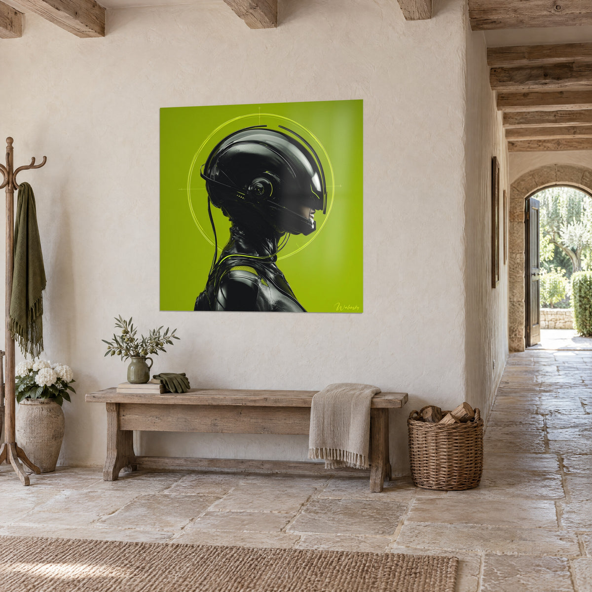 Cuadro retrato de ciborg con casco, visera negra brillante y cables flexibles sobre fondo verde ácido, muro de piedra y banco de madera
