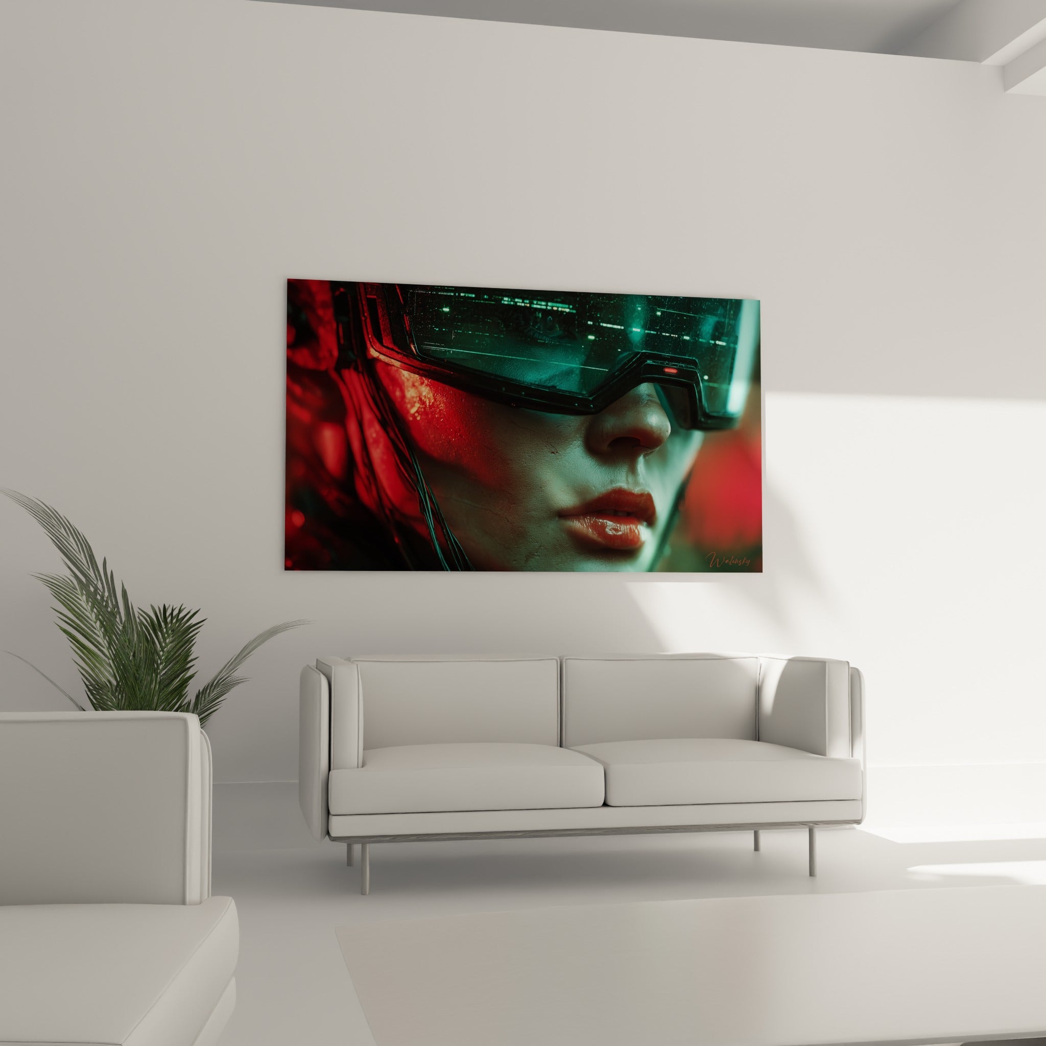 Visière saturée de données lumineuses turquoise et rouge, suspendue au-dessus d'un canapé dans un salon lumineux