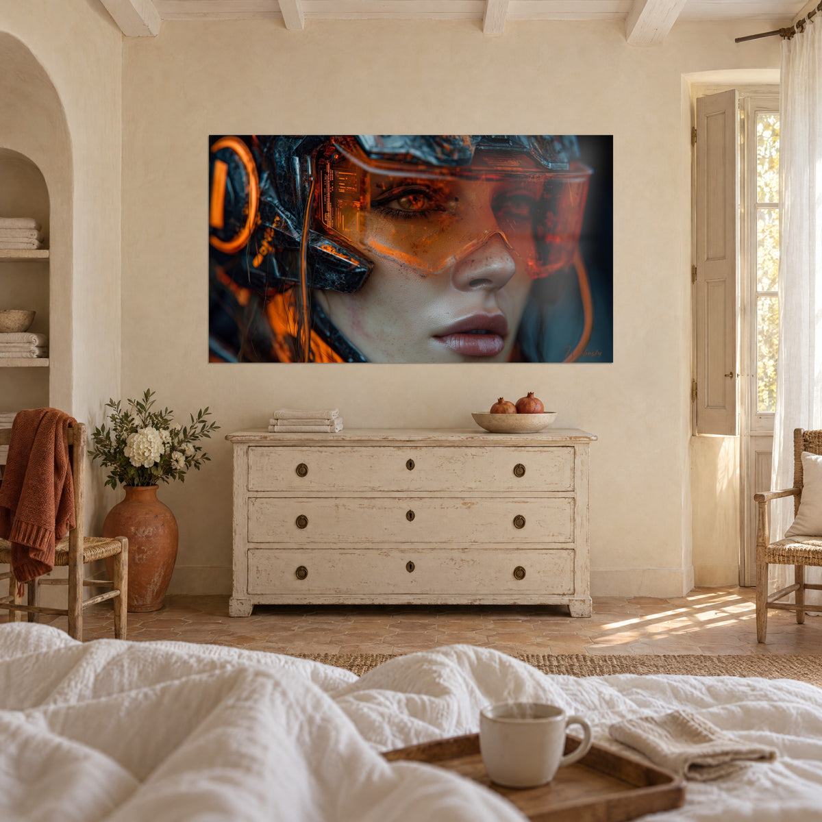 Cuadro mirada ámbar bajo una visera naranja y casco gris antracita, encima de una cama en un dormitorio luminoso de sábanas blancas