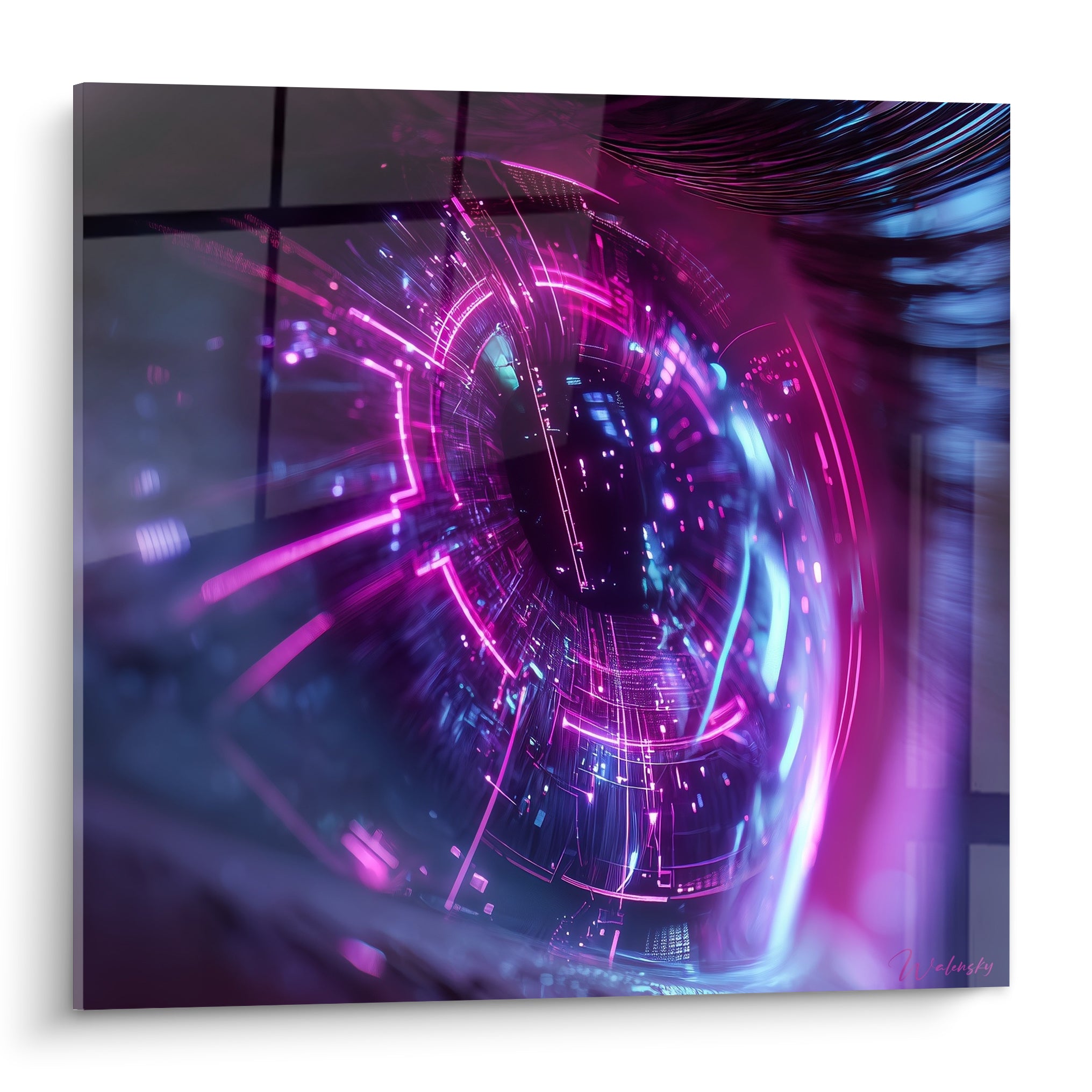 Vortex numérique cyberpunk aux teintes violettes et bleu électrique sur toile carrée