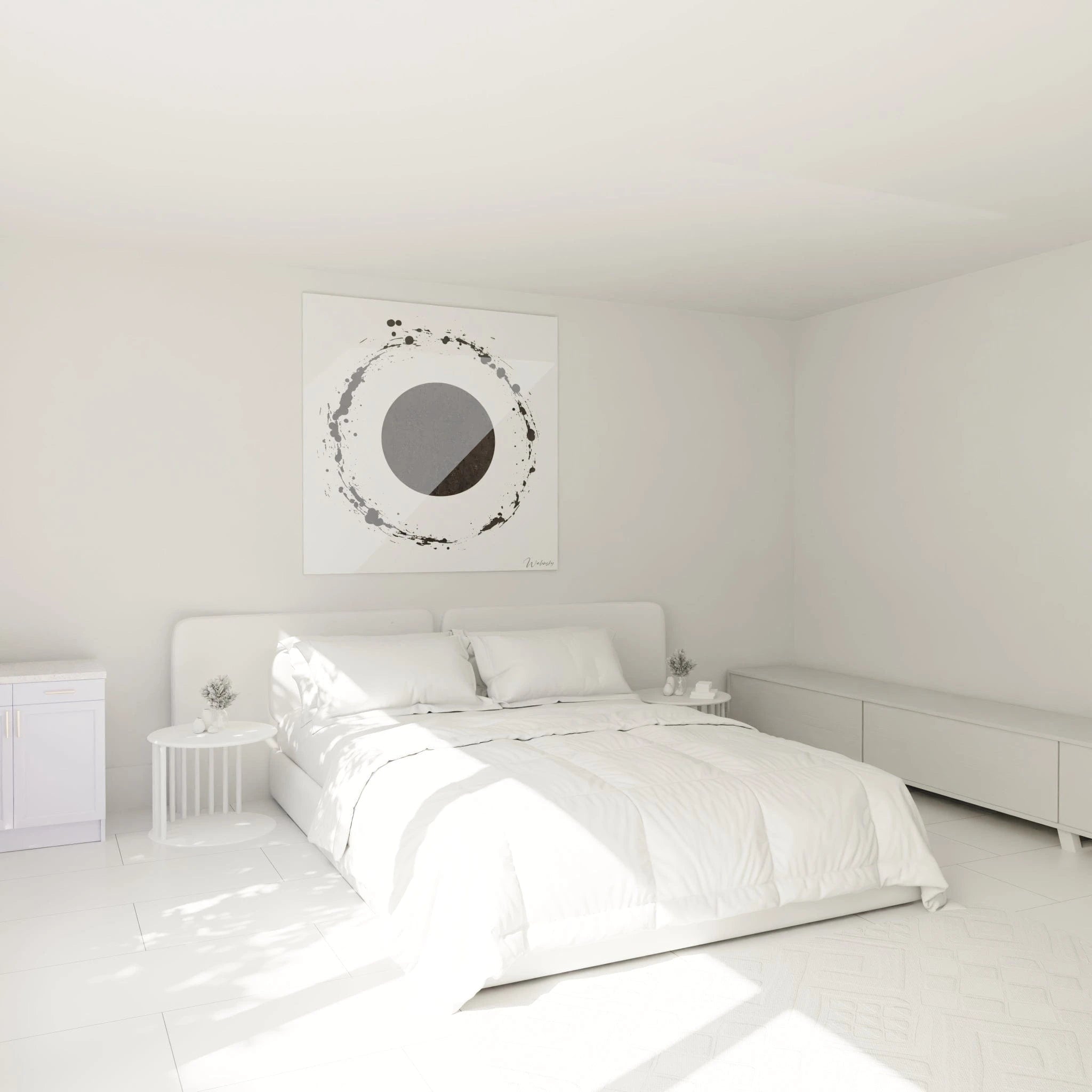 Tableau tacheté noir et blanc Walensky accroché au mur d'une chambre moderne et lumineuse