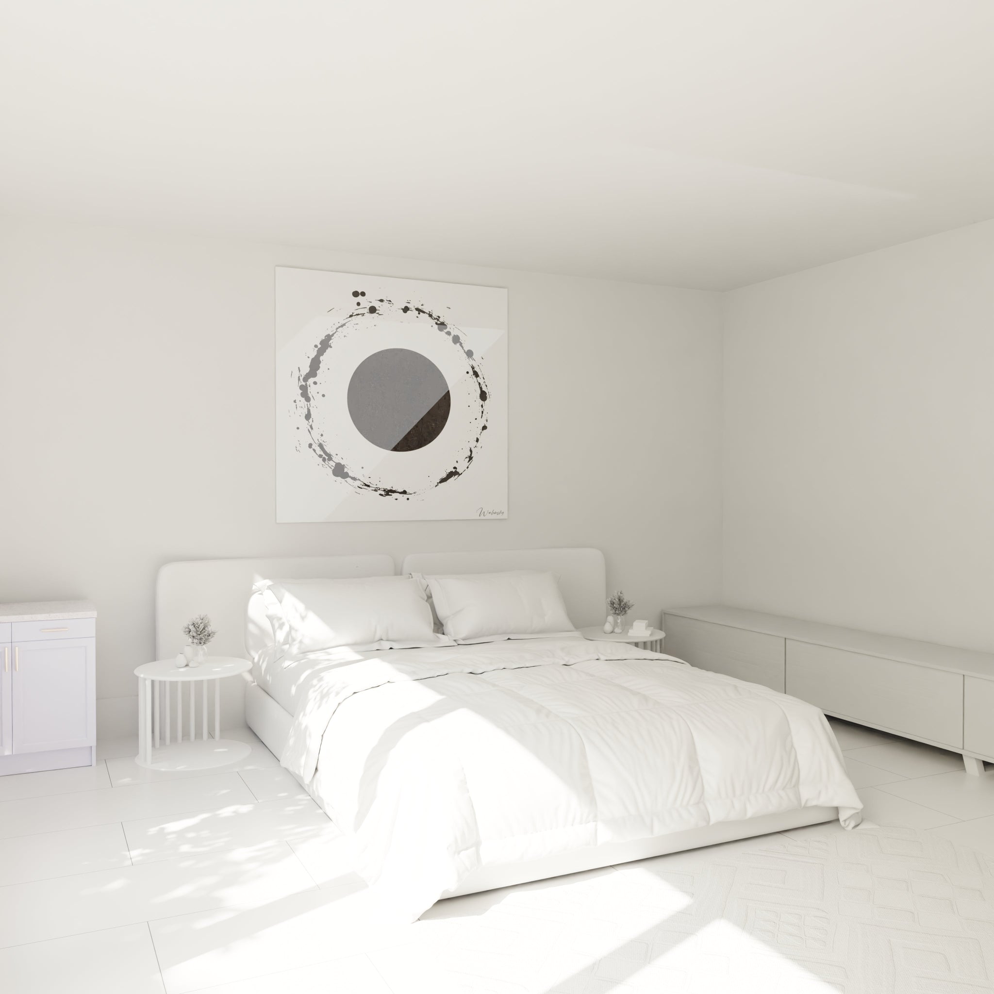 Tableau tacheté noir et blanc Walensky accroché au mur d'une chambre moderne et lumineuse