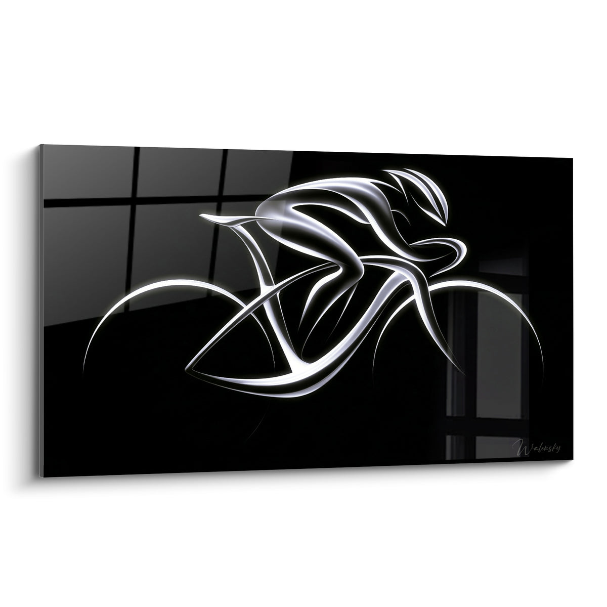 Wall art silver cyclist leaning forward at full speed on deep, luminous black background