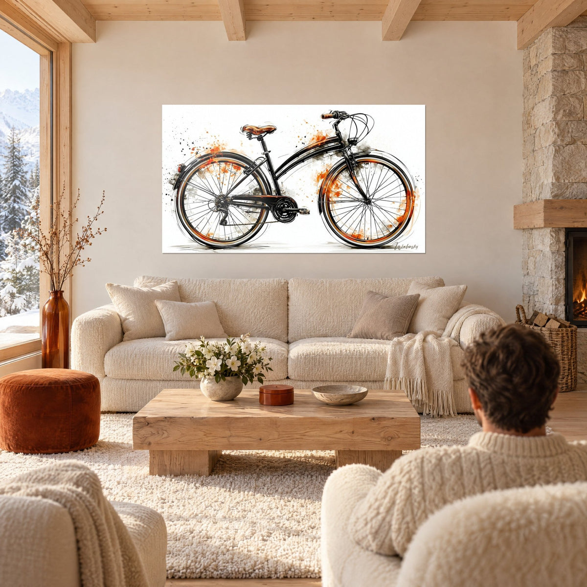 Gemälde Stadtfahrrad in Schwarz mit orangefarbenen und grauen Spritzern, Sattel aus caramelfarbenem Leder, über einem Sofa in einem hellen Wohnzimmer
