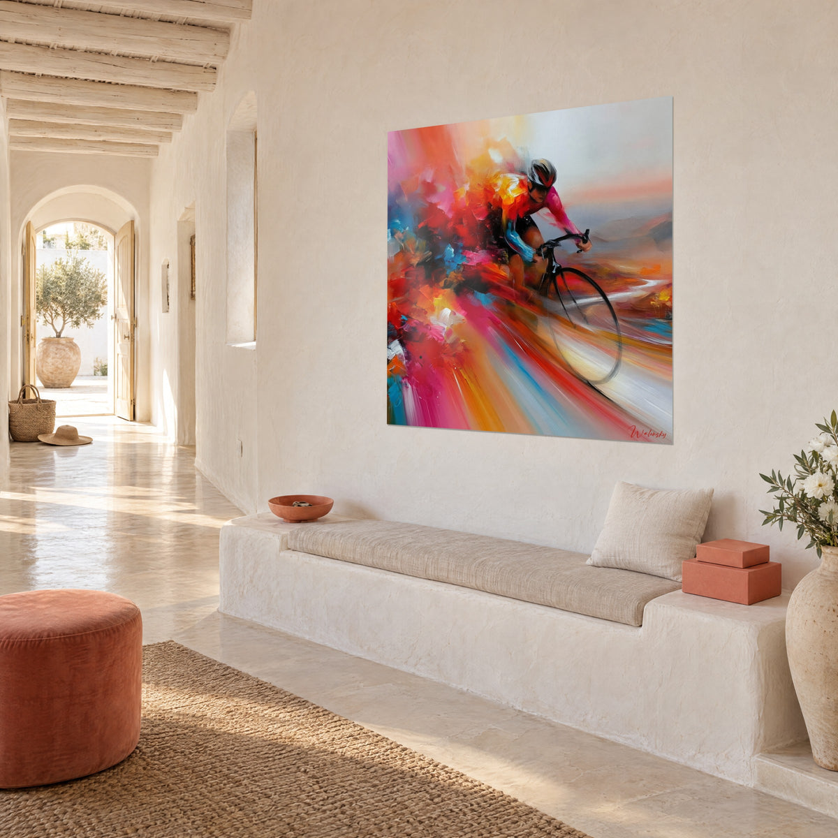 Wall art racing bike at full speed, bright red and turquoise streaks, on a white wall of a Mediterranean house