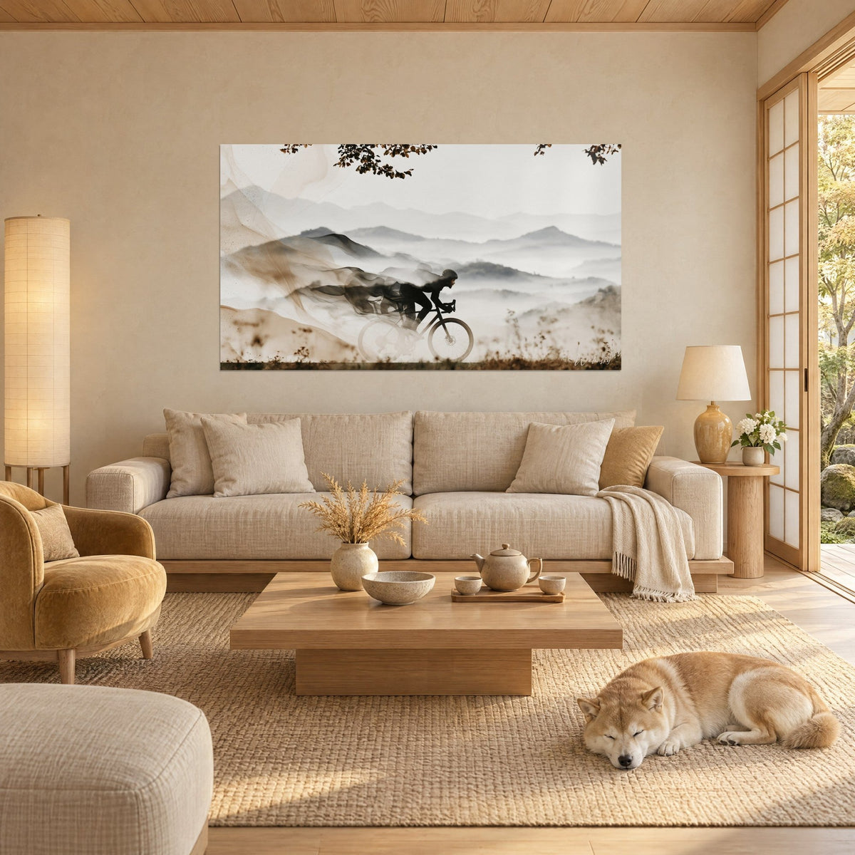 Wall art cyclist in black silhouette cutting through beige and grey mist, soft hills, sleeping Shiba, above a sofa in a bright living room