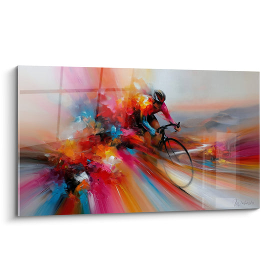 Tableau Cycliste rose et bleu aux collines lointaines - Éclaboussure de peinture - Edition Cyclisme