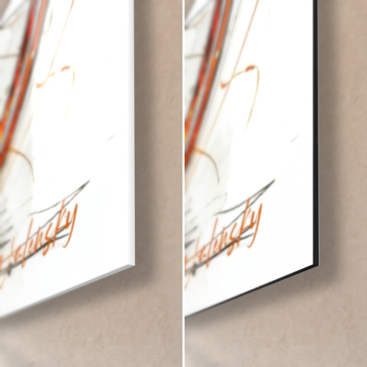 Tableau vélo noir et orange, coin bas droit : verre acrylique brillant à gauche, alu Dibond mat à droite, tranche de 3 mm visible