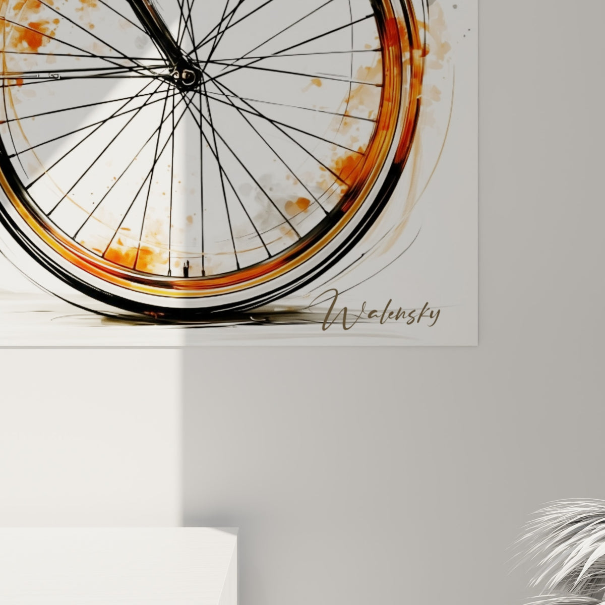 Détail des rayons noirs et éclaboussures cuivrées cyclisme, grain de l'encre visible de près