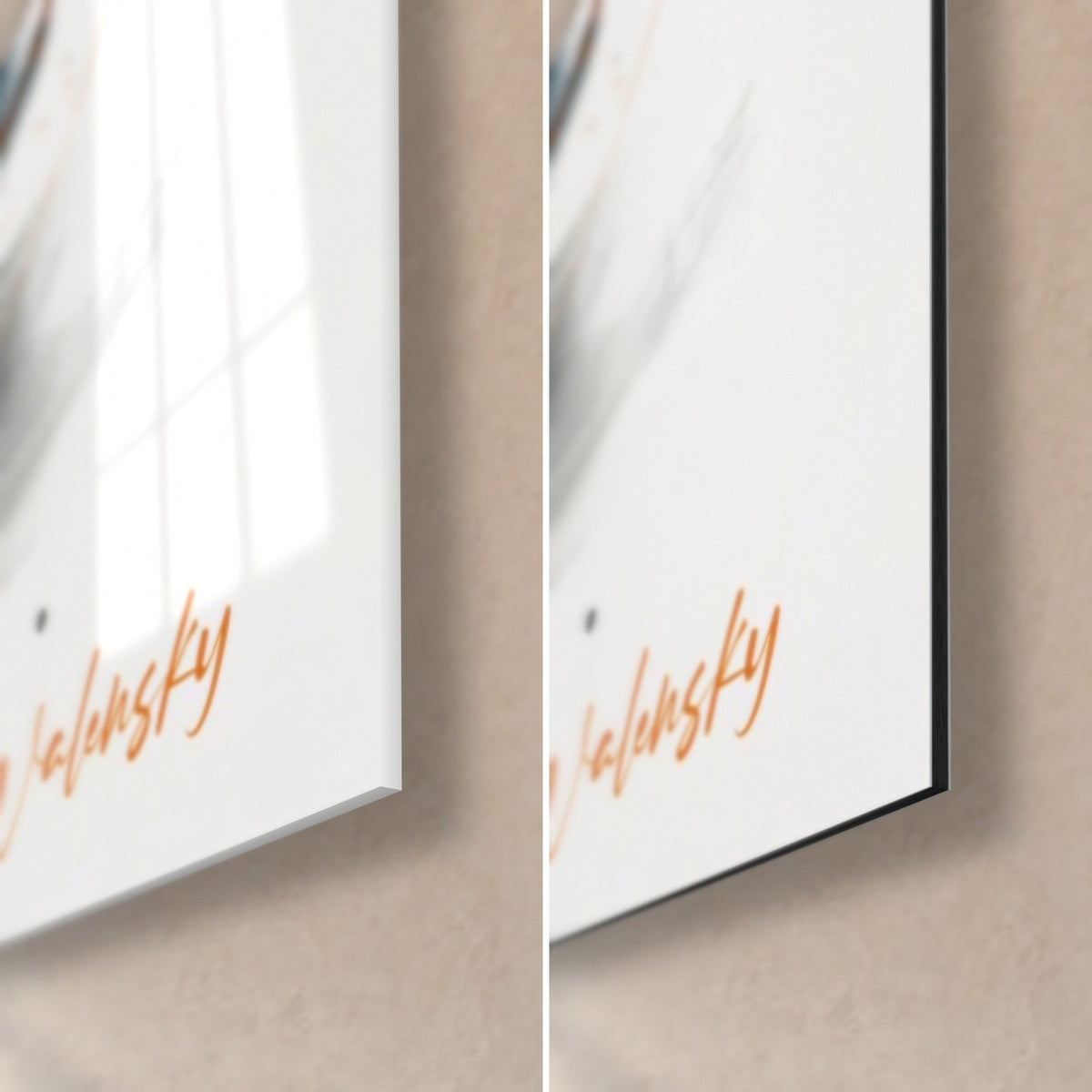 Wall art racing cyclist in an orange and black swirl, bottom right corner: glossy acrylic glass and matte Dibond, 3 mm thickness