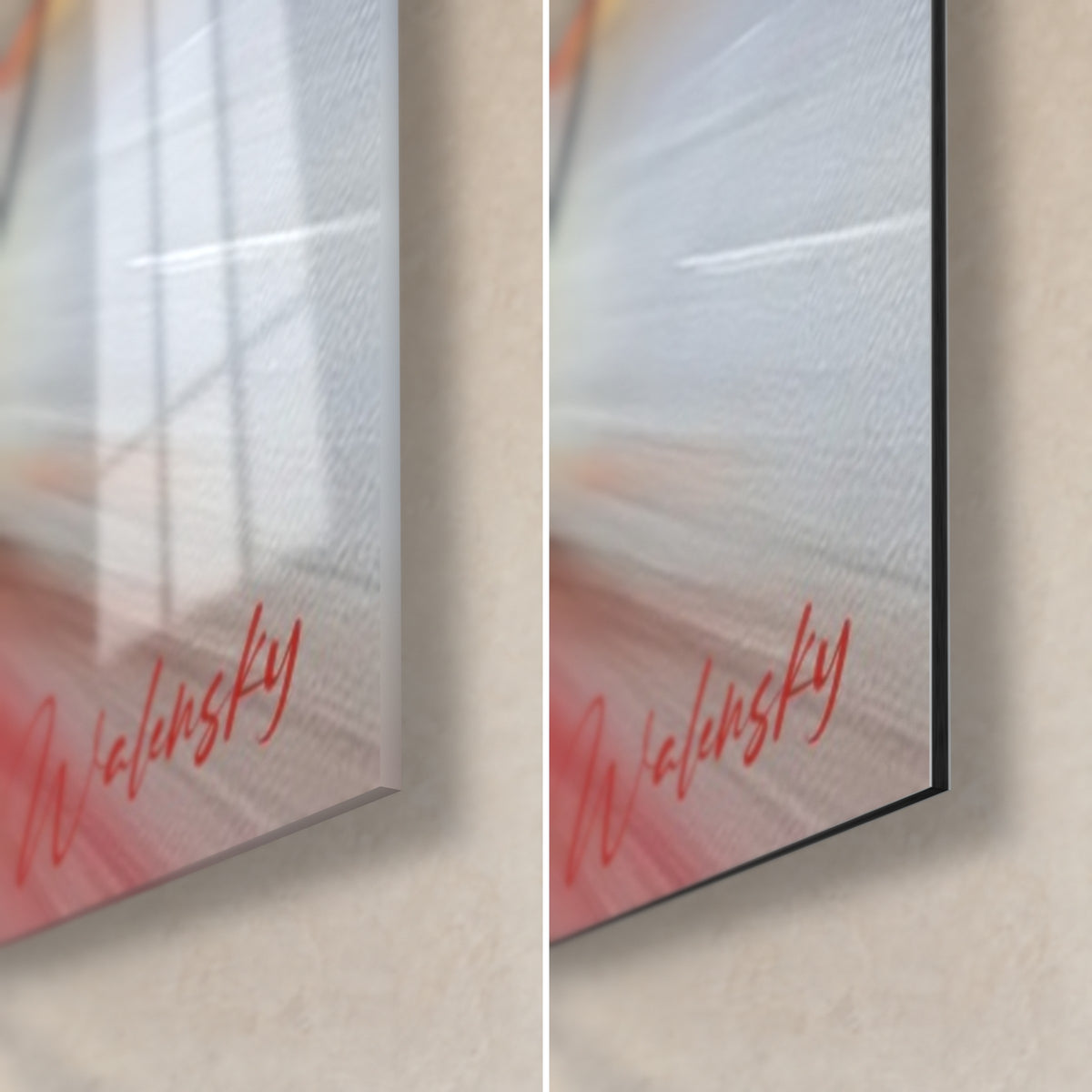 Wall art sprinter in a black and red helmet, bottom right corner: glossy acrylic glass on the left, matte white Dibond on the right