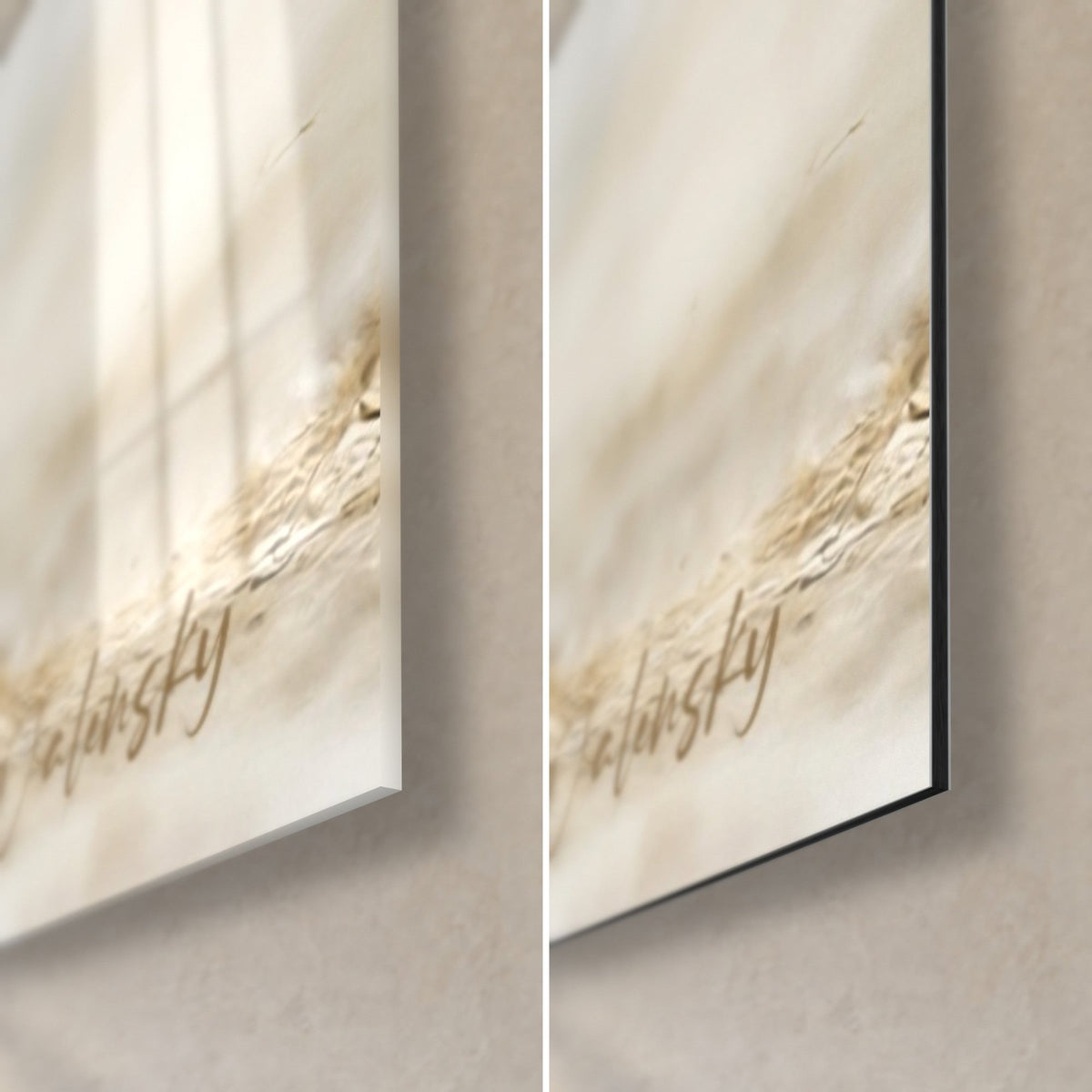 Wall art white and yellow bicycle, bottom right corner: glossy acrylic glass on the left, matte black Dibond aluminium on the right, 3 mm edge