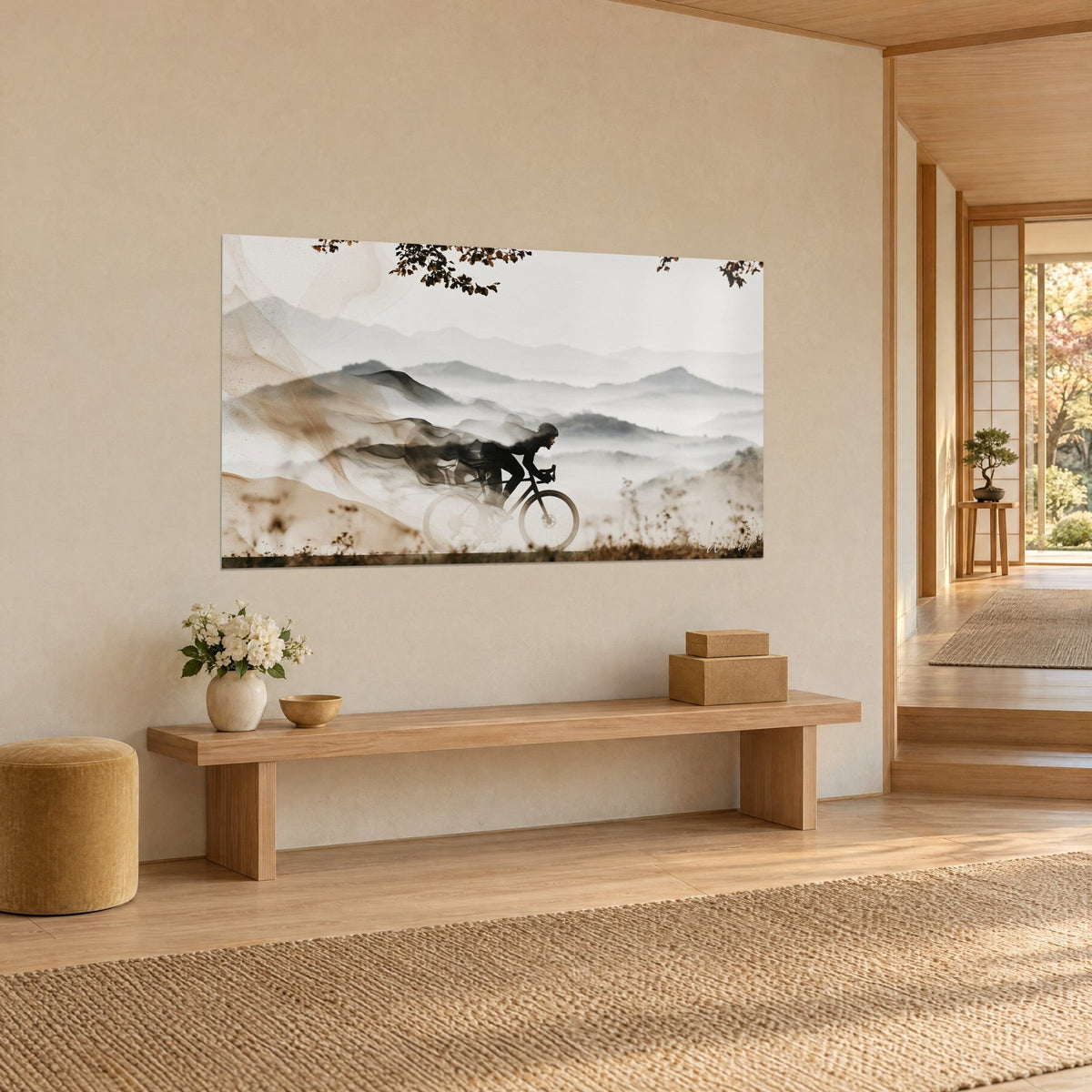 Wall art road cyclist in black shadow, sepia swirls in his wake, veiled grey ridges, cream wall of a japandi hallway