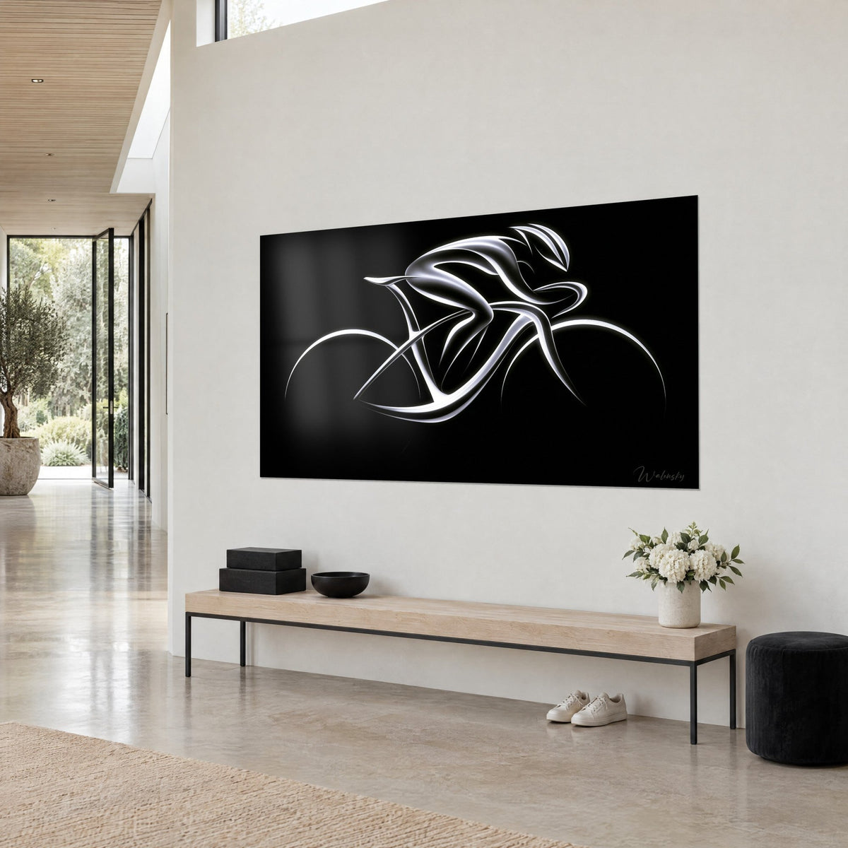 Wall art racing bike silhouette in chrome lines on black background, large format in a light lounge, wooden bench and white flowers