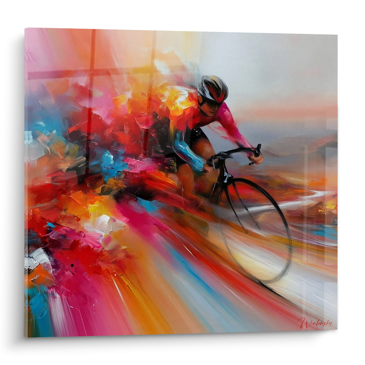 Cycliste en maillot rose fuchsia, coulures orange et bleu turquoise, style expressif du Cyclisme