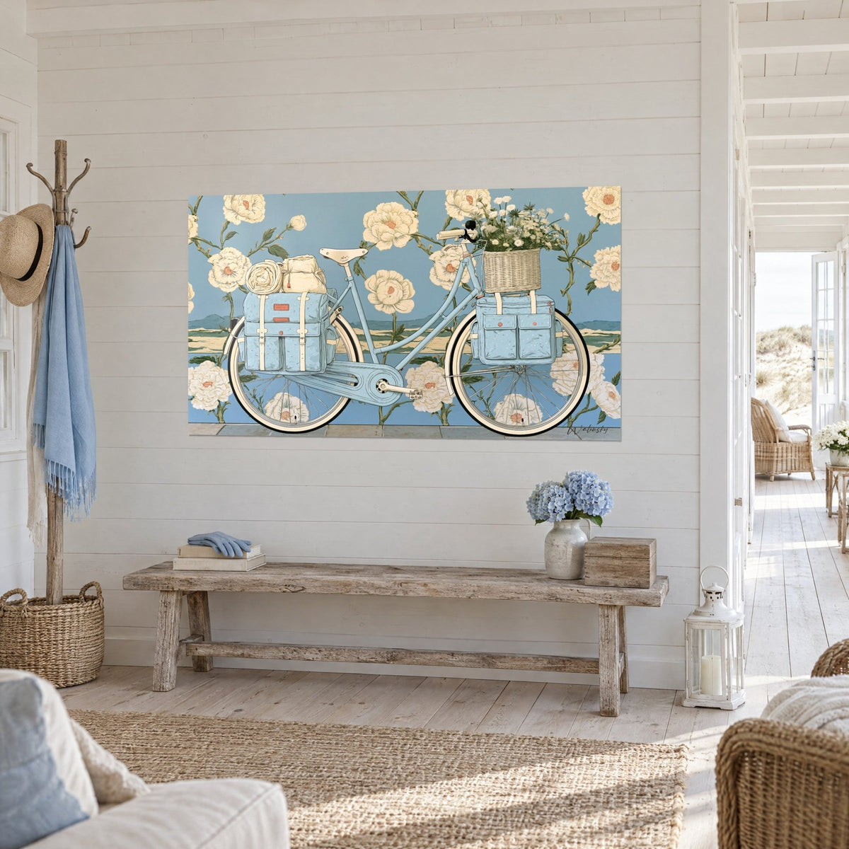 Wall art sky-blue bicycle with a wicker basket full of daisies, white peonies on a blue background, pale wood plank wall
