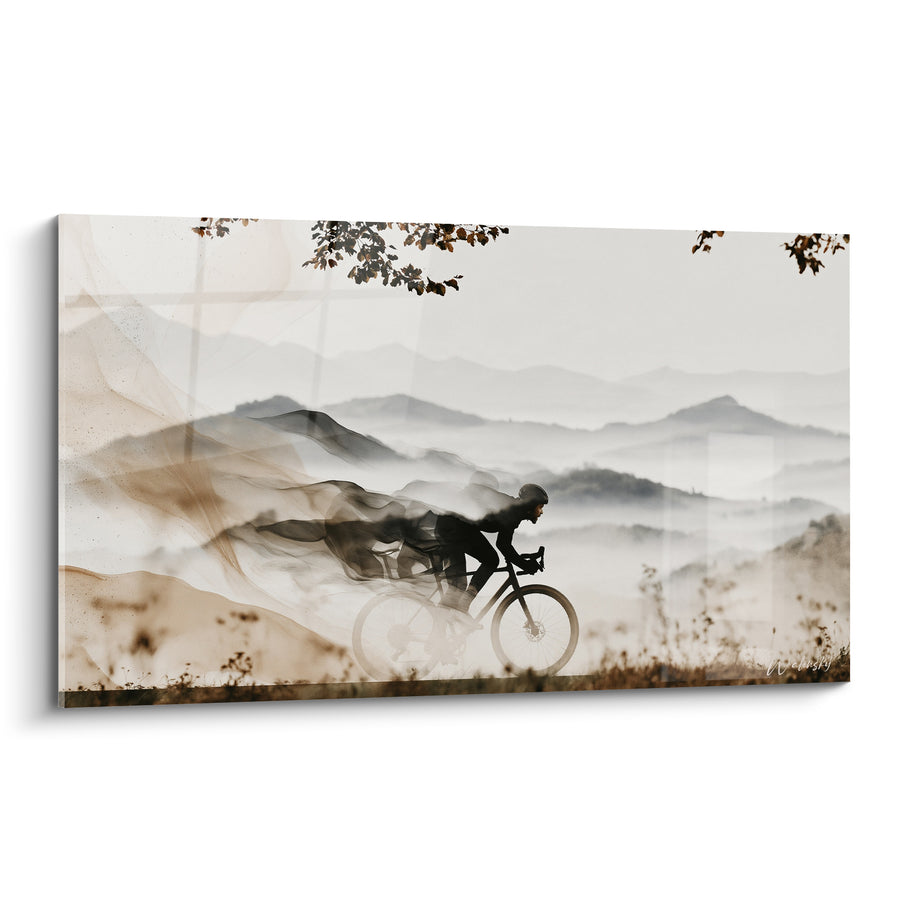 Tableau Cycliste silhouette noire collines brumeuses - Élan matinal - Edition Cyclisme