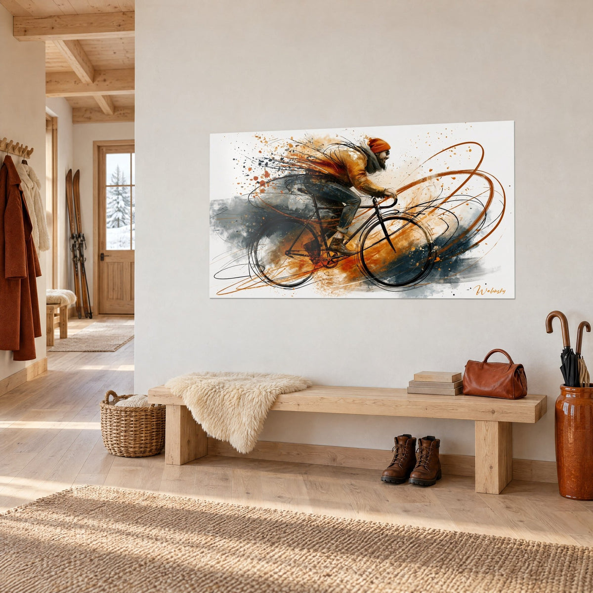 Wall art road bike at full speed, orange and slate grey splashes, above a wooden bench in a mountain chalet
