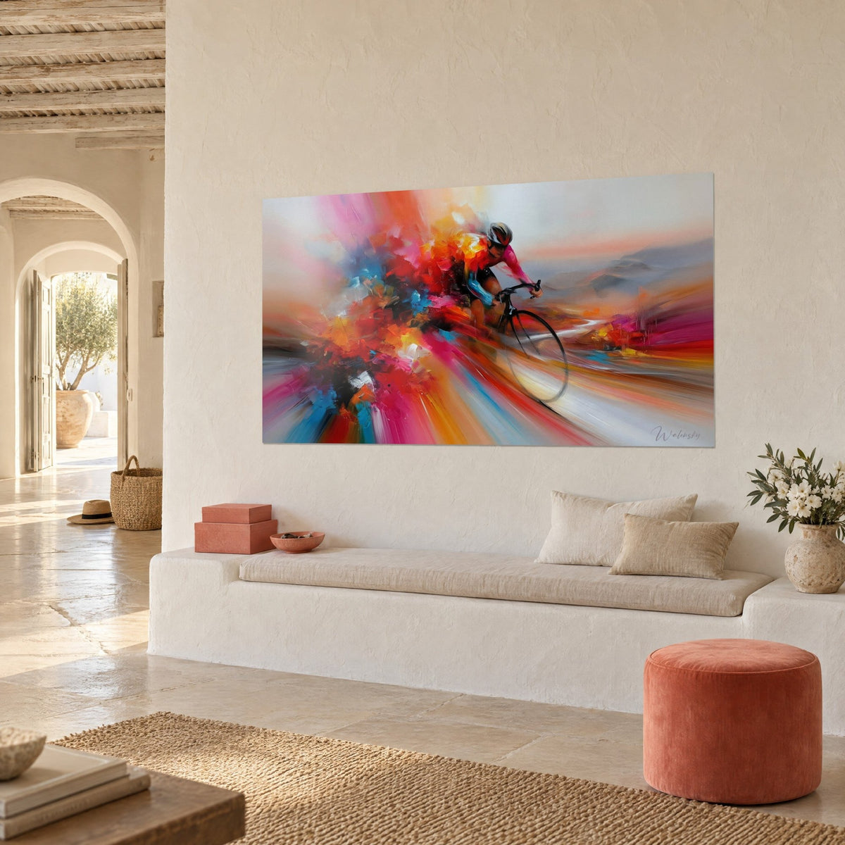Wall art road bike speeding toward grey hills, orange and turquoise streaks, white bench, Mediterranean house