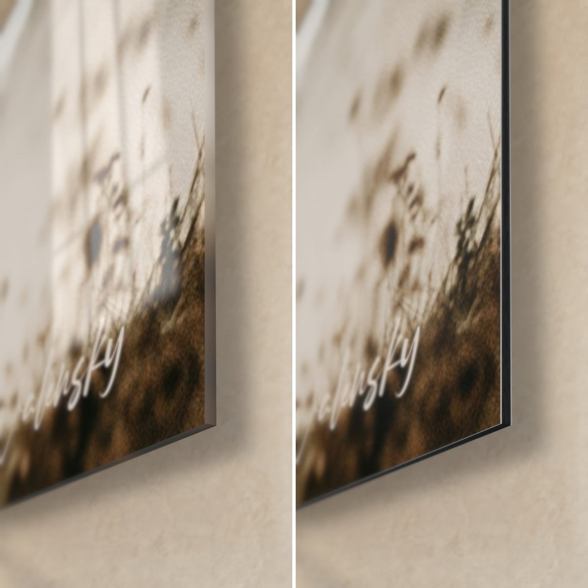 Wall art black cyclist on pale mist, bottom right corner: glossy acrylic glass with reflections, matt white Dibond aluminium and 3 mm edge