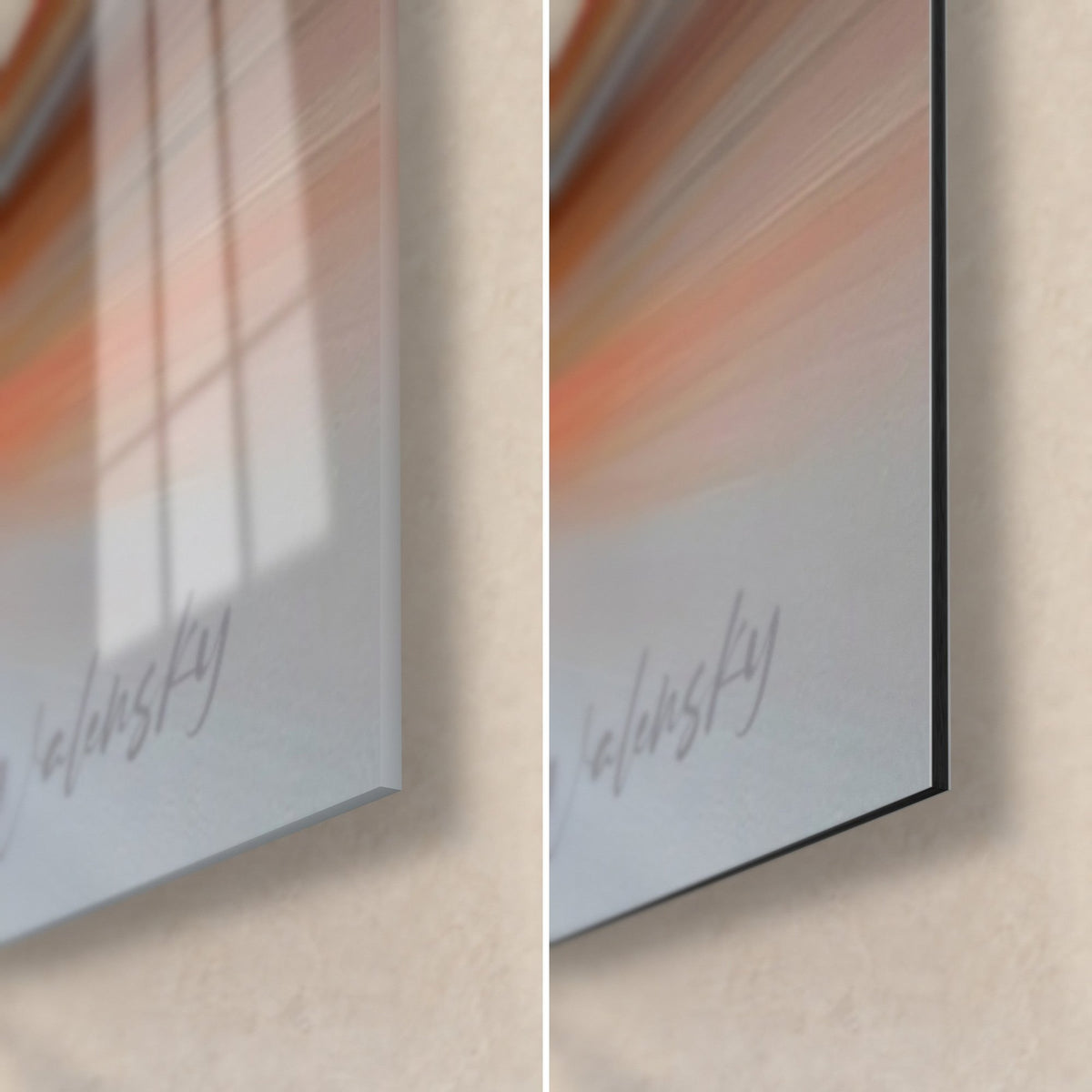 Wall art cyclist in pink and blue sparks, bottom right corner: glossy acrylic glass on the left, matte black Dibond on the right, 3 mm edge