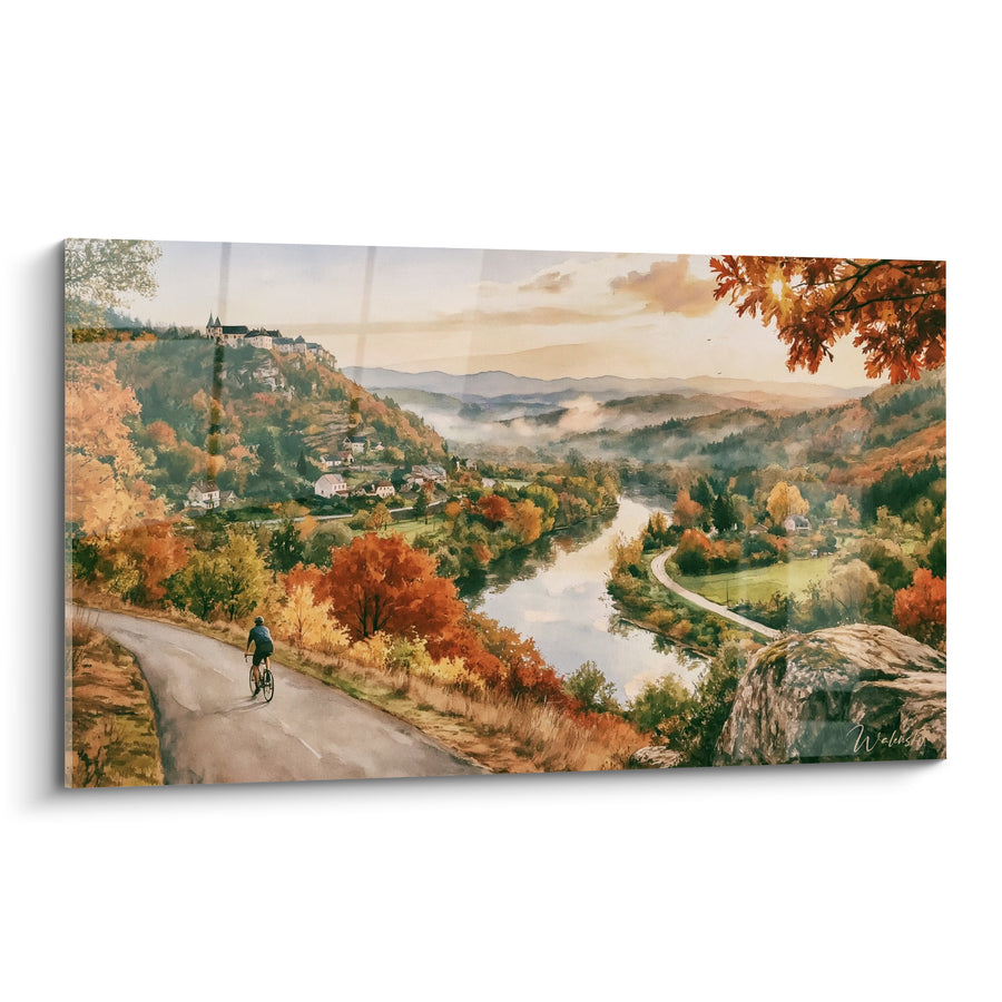 Tableau Cycliste solitaire sur route orangée et verte - Échappée automnale - Edition Cyclisme