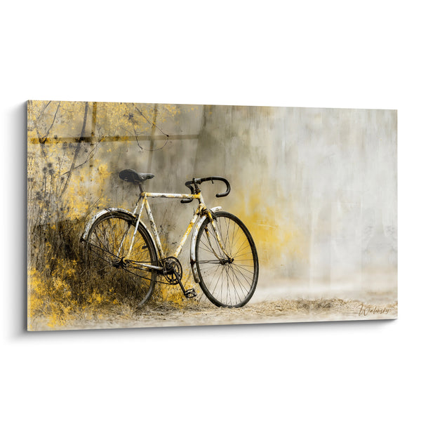 Tableau Vélo blanc et jaune contre végétation sauvage - Herbes sèches dorées - Edition Cyclisme